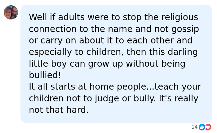 A Facebook comment discussing child bullying in relation to naming their baby Lucifer.