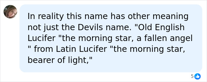 An online comment explaining the etymology of the baby name Lucifer as Latin for bearer of light.