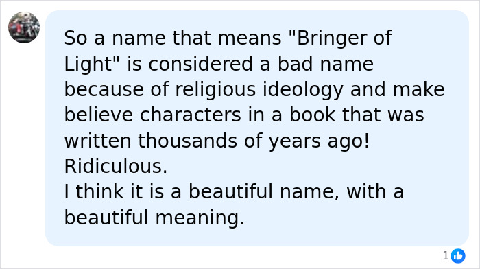 A social media comment explaining that naming a baby Lucifer means Bringer of Light.
