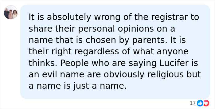 A social media comment supporting parents who chose to name their baby Lucifer.