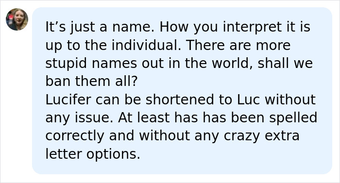 A comment on the baby Lucifer name controversy saying it can be shortened to Luc.