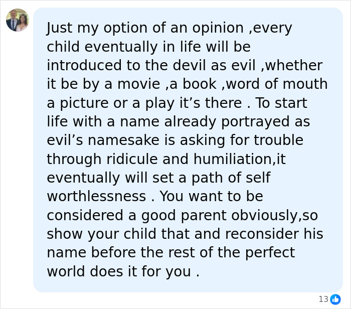 A social media comment discussing the decision of naming their baby Lucifer.