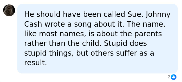 A social media reaction criticizing parents who choose the baby name Lucifer.