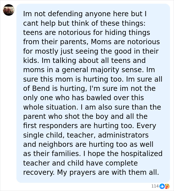 Social media post reflecting on Oregon elementary school tragedy and community pain