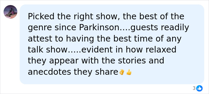 A viewer comment discussing Prince William on Graham Norton's show and comparing it to other talk shows. A viewer comment discussing Prince William on Graham Norton's show and comparing it to other talk shows.