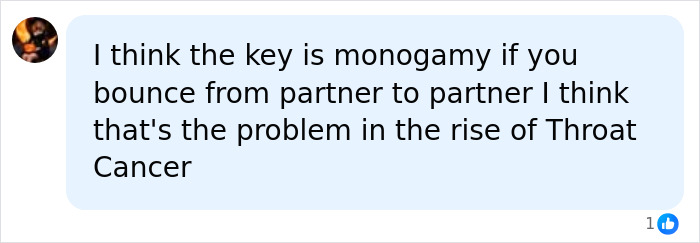 A social media comment discussing monogamy, multiple partners, and the rise of throat cancer rates. A social media comment discussing monogamy, multiple partners, and the rise of throat cancer rates.