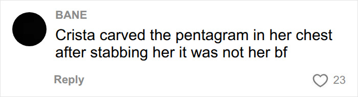 Social media comment on Christa Pike, detailing the carving of a pentagram during the m****r.
