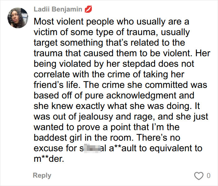 Social media comment discussing Christa Pike, her childhood trauma, and her crimes