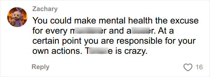Social media comment on Christa Pike discussing mental health excuses and accountability.