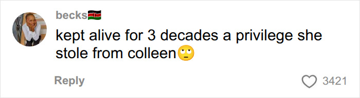 Comment about Christa Pike being kept alive for 3 decades, a privilege stolen from Colleen.