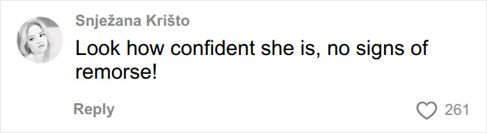 A social media comment on Christa Pike noting her confidence and lack of remorse.
