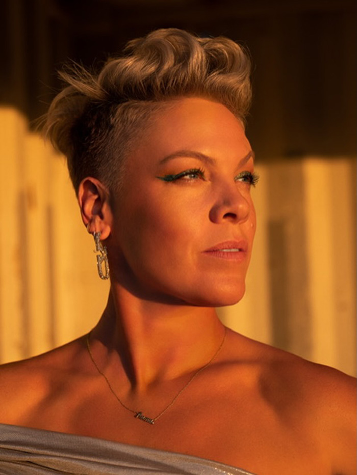 Singer Pink posing during golden hour, unrelated to her makeup-free photo reaction.