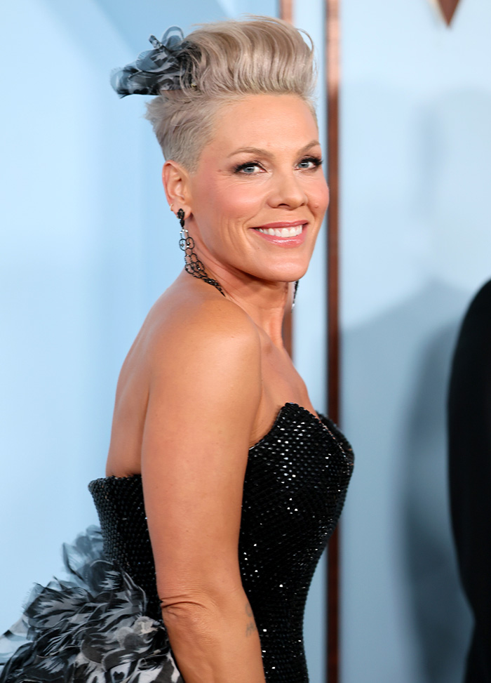 Singer Pink smiling on the red carpet in a black gown after responding to makeup-free photo comments.