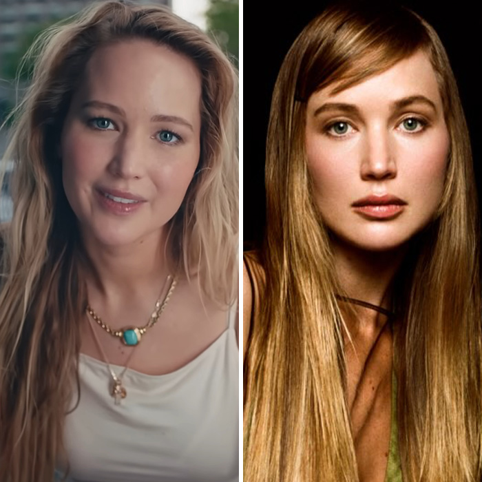 Side-by-side comparison of Jennifer Lawrence highlighting potential plastic surgery changes.