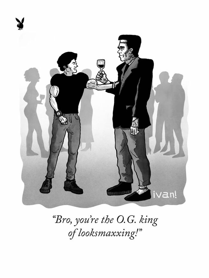Political cartoon featuring two characters discussing looksmaxxing with a humorous tone