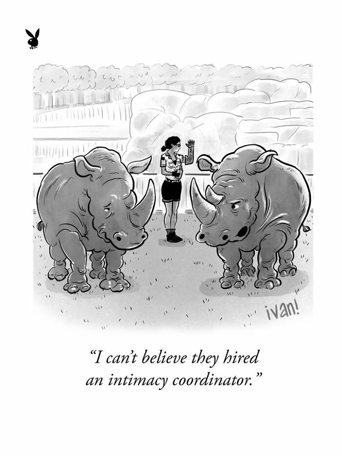 Cartoon showing two rhinos surprised by an intimacy coordinator in a social setting