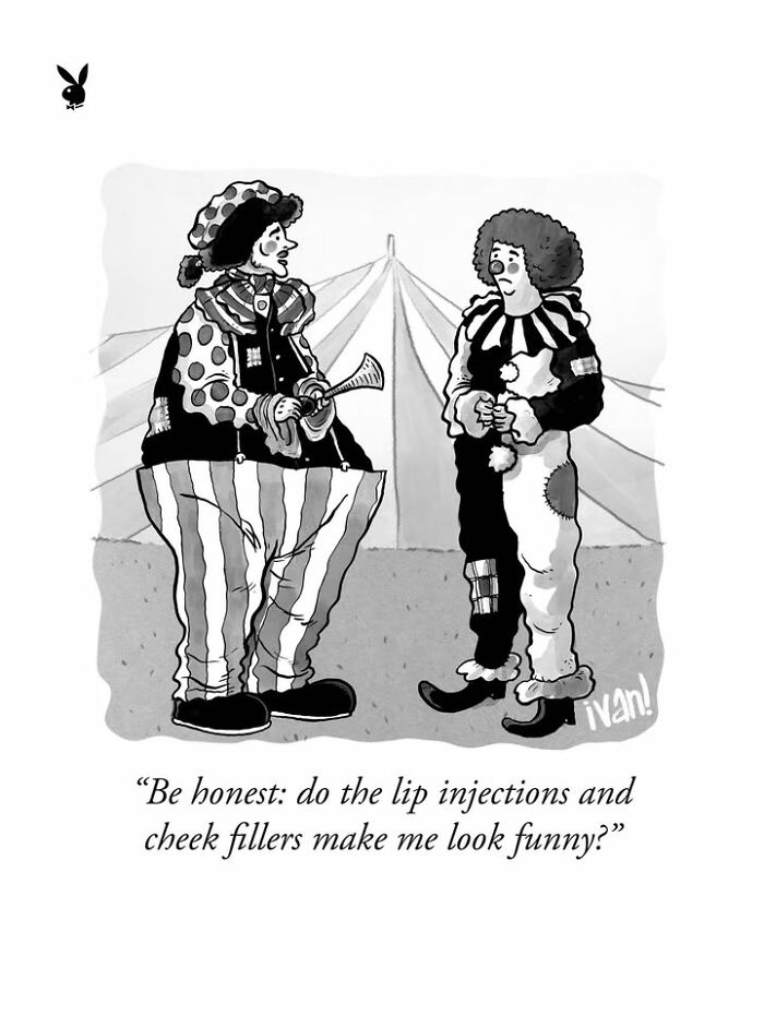 Political cartoon of clowns joking about lip injections and cheek fillers in modern society