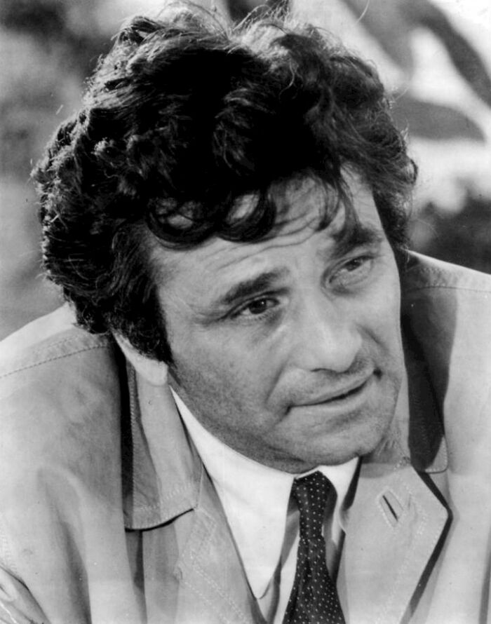 Black and white portrait of Peter Falk as Columbo, showcasing positive masculinity through compassion