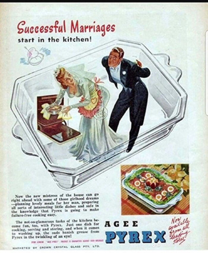 Pyrex cookware ad linking successful marriages to kitchen tasks
