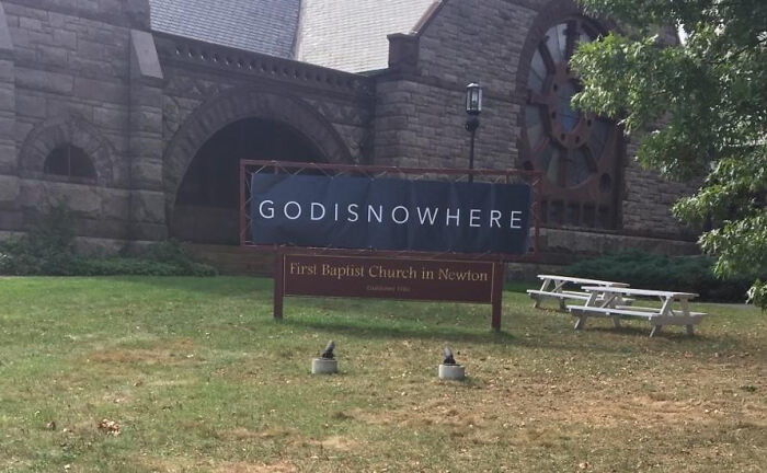 A church sign reading GODISNOWHERE showing unfortunate spacing, an example of advertising fails.