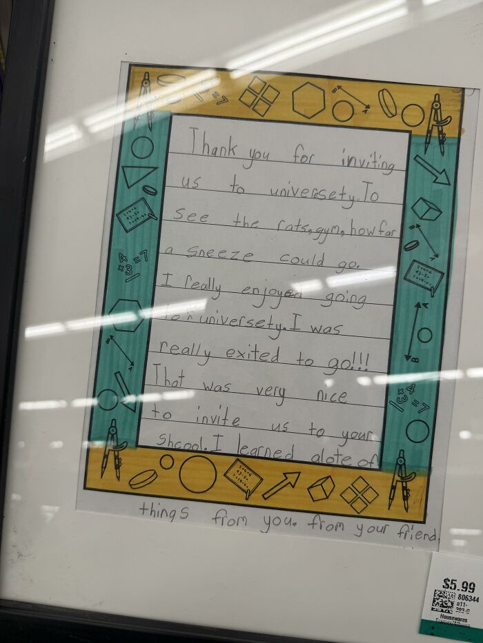 A framed handwritten thank you note from a student, an instance of found paper.