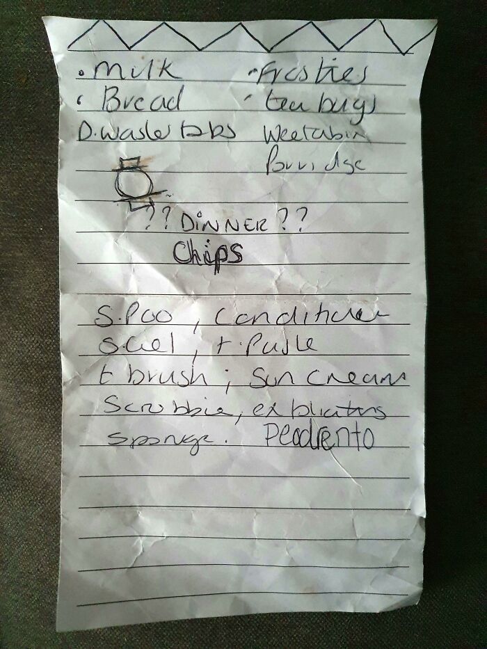 A handwritten grocery shopping list on lined paper, an everyday found paper discovery.