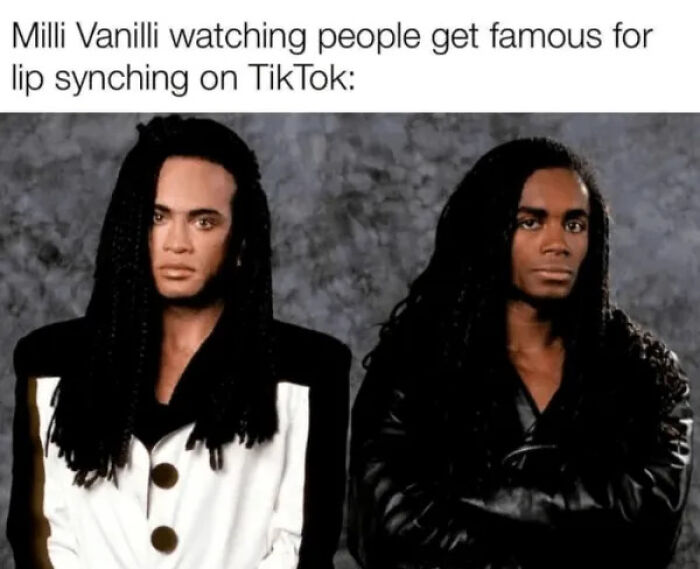 Funny meme of music duo Milli Vanilli featured in nostalgic photos for 80s kids