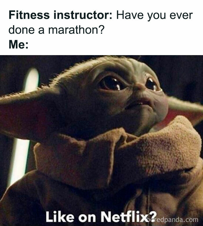 Baby Yoda meme asking about a marathon on Netflix as part of funny random memes.