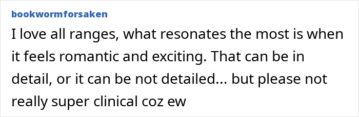 Social media comment from bookwormforsaken discussing spicy scenes in romance books