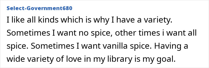 Comment by Select-Government680 sharing thoughts on reading a variety of spicy scenes