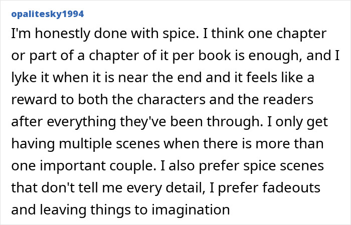 User comment reflecting on spice scenes in romantasy books.