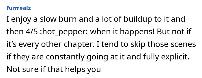 Social media comment on slow burn and spicy scenes in romance novels.