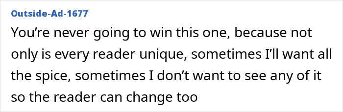 A reader's comment discussing changing preferences for spicy scenes in romance and romantasy obsession.