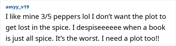 A reader comment expressing the need for plot alongside spicy scenes in the romantasy obsession.