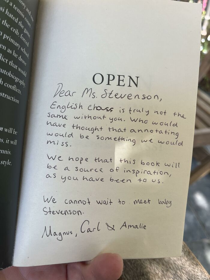 A handwritten note to a teacher inside a book, an example of found paper.