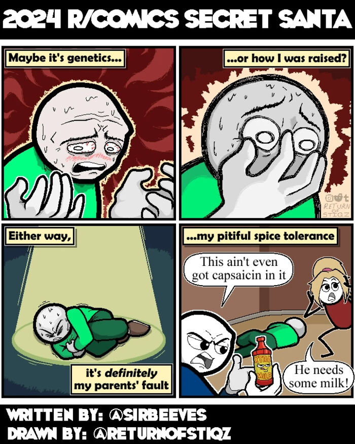 Four panel funny comic about a character struggling with mild spice, featuring silly humor and unexpected endings.
