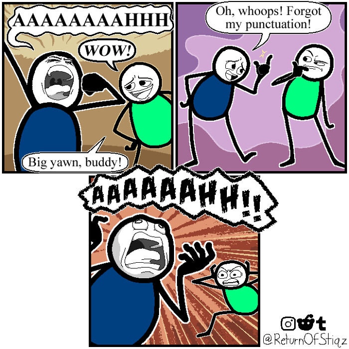 Funny comic strip featuring silly humor about a character whose yawn becomes intense after adding punctuation.