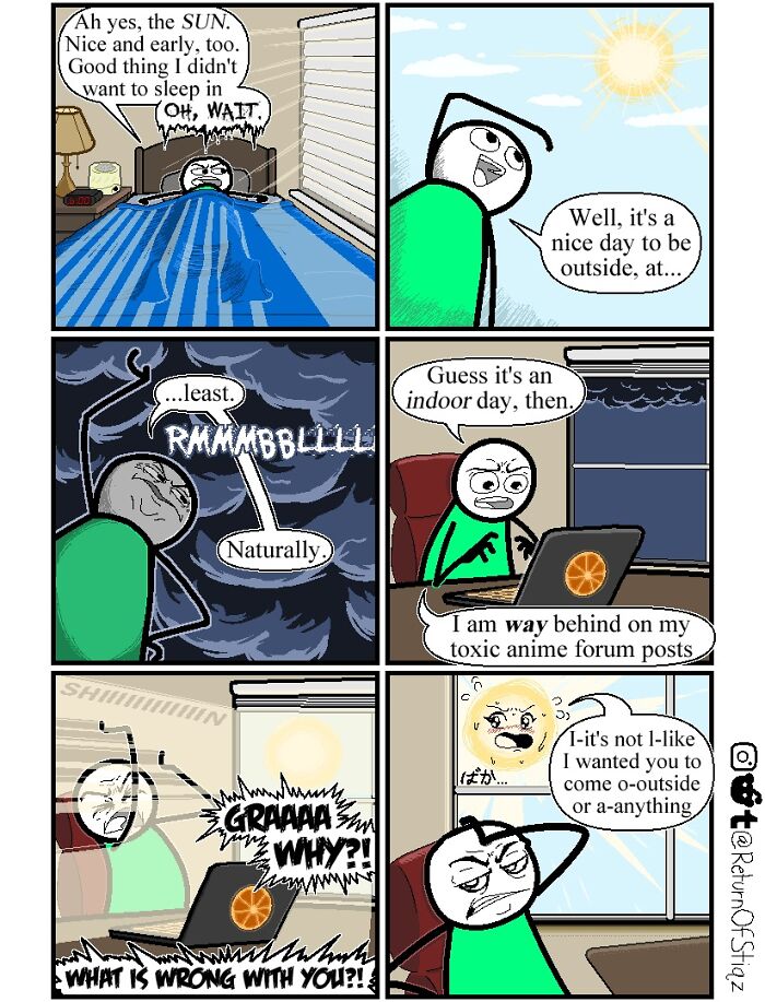 Comics with silly humor showing a stick man frustrated by changing weather outside while trying to post online.
