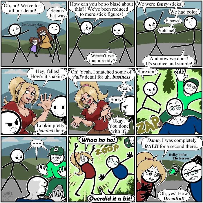 Silly humor comics about stick figures meta-joking about losing their artistic details to a realistic character.