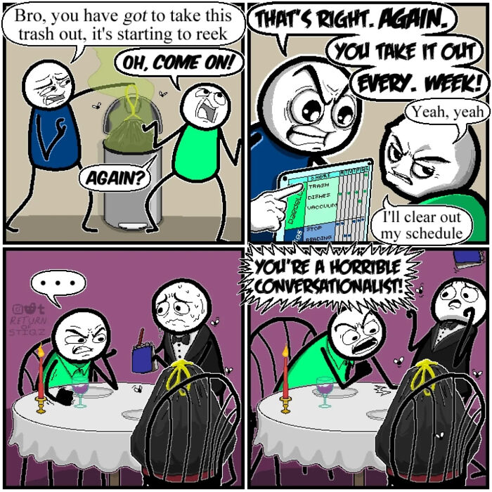 A web comic panel featuring silly humor and unexpected endings about taking out trash to a fancy dinner.