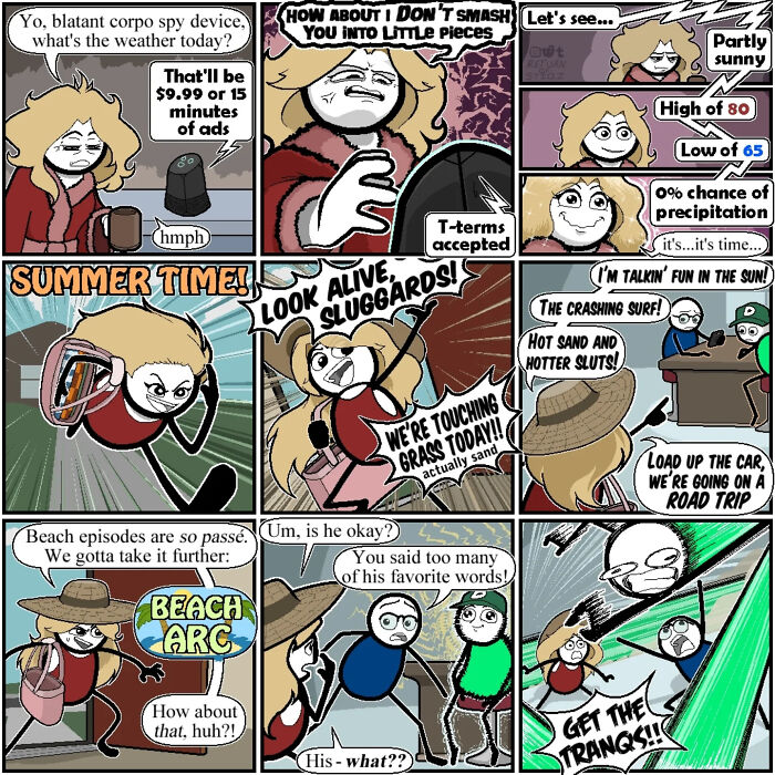 An entertaining comic by this artist with silly humor featuring characters excitedly planning a beach trip.