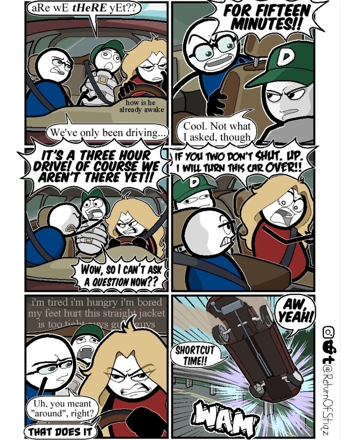 A funny comic by an artist showing silly humor as characters flip a car upside down on a road trip.