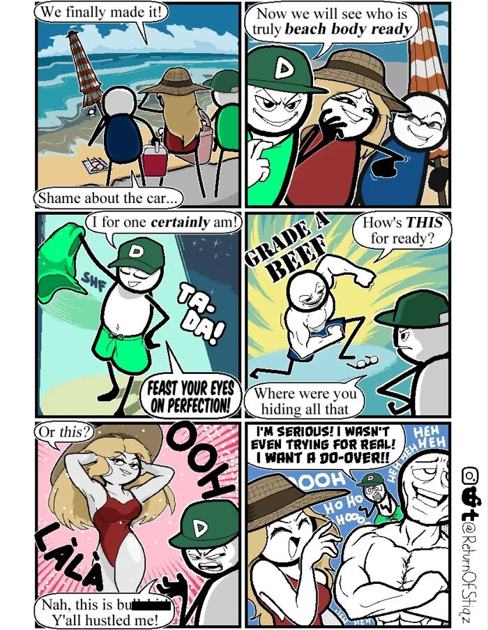 Comic strip about stick figures showing off their beach bodies with silly humor and a funny plot twist.