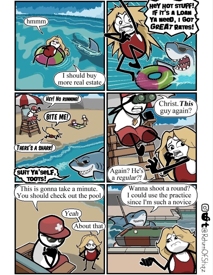 Comic strip depicting a woman floating on the ocean being approached by a loan shark with silly humor.