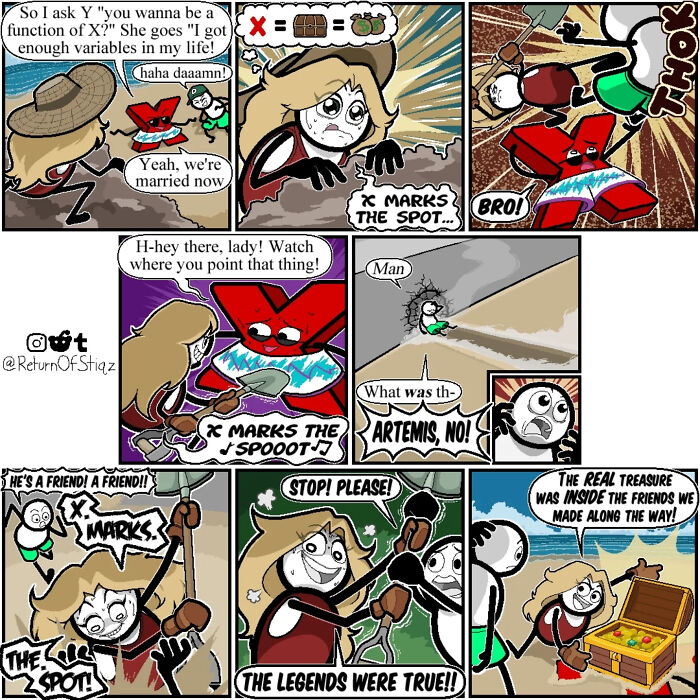 Multi-panel funny comic featuring stick figures on the beach digging for treasure with unexpected endings.