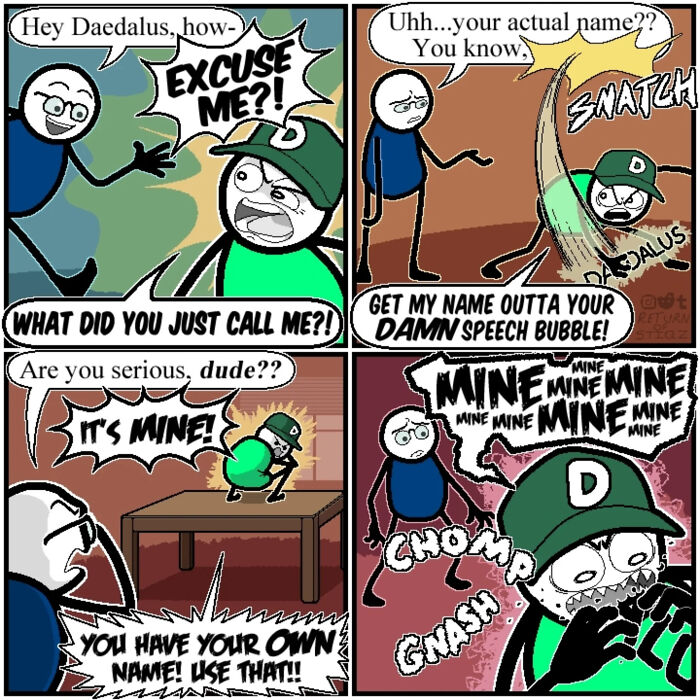 Silly humor comic featuring stick figures fighting over speech bubbles.