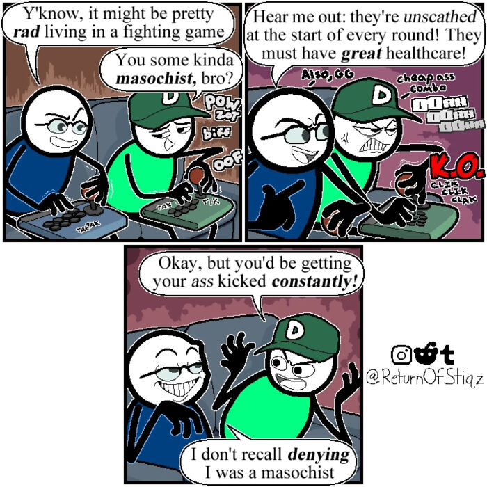 Web comic with silly humor showing stick figures playing fighting games.