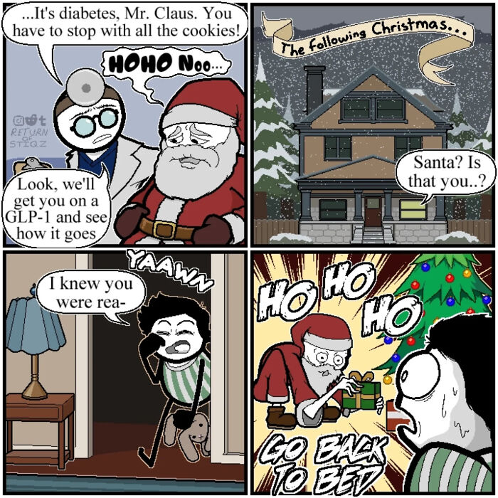 Silly humor comic depicting Santa Claus visiting a doctor for diabetes before delivering Christmas presents.