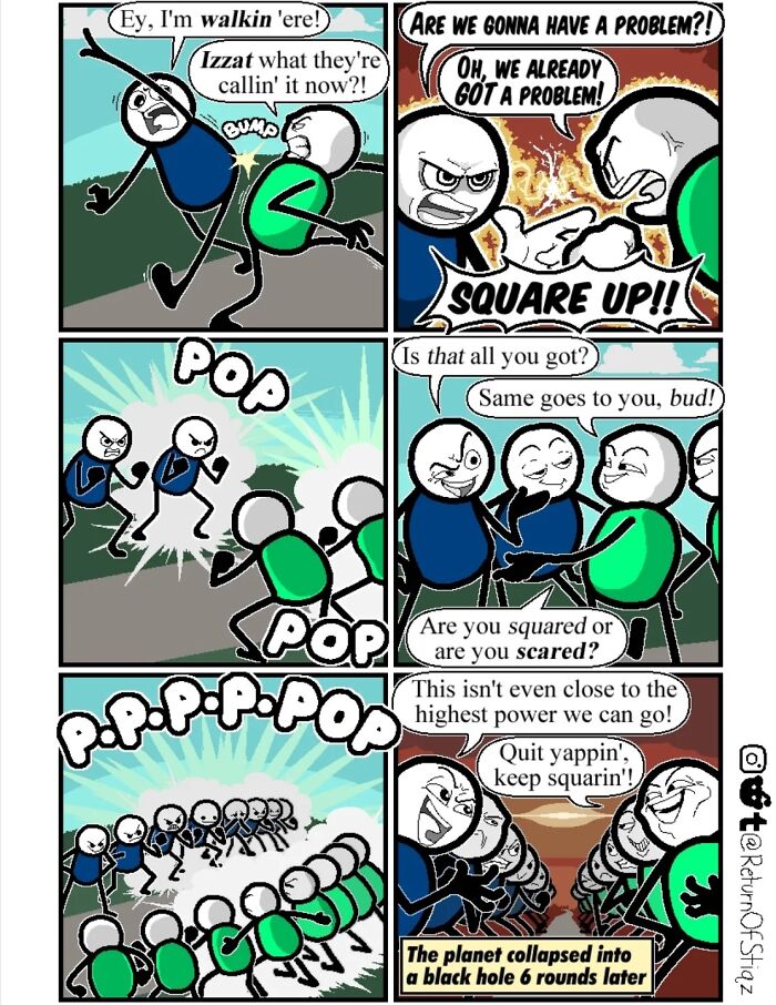 A comic panel depicting silly humor about stick figures squaring up and multiplying, causing a planet to collapse.