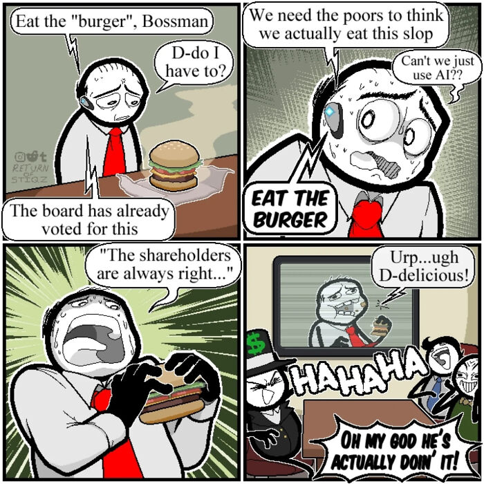 Silly humor comic panel featuring a businessman forced by board members to eat a burger in an unexpected twist.